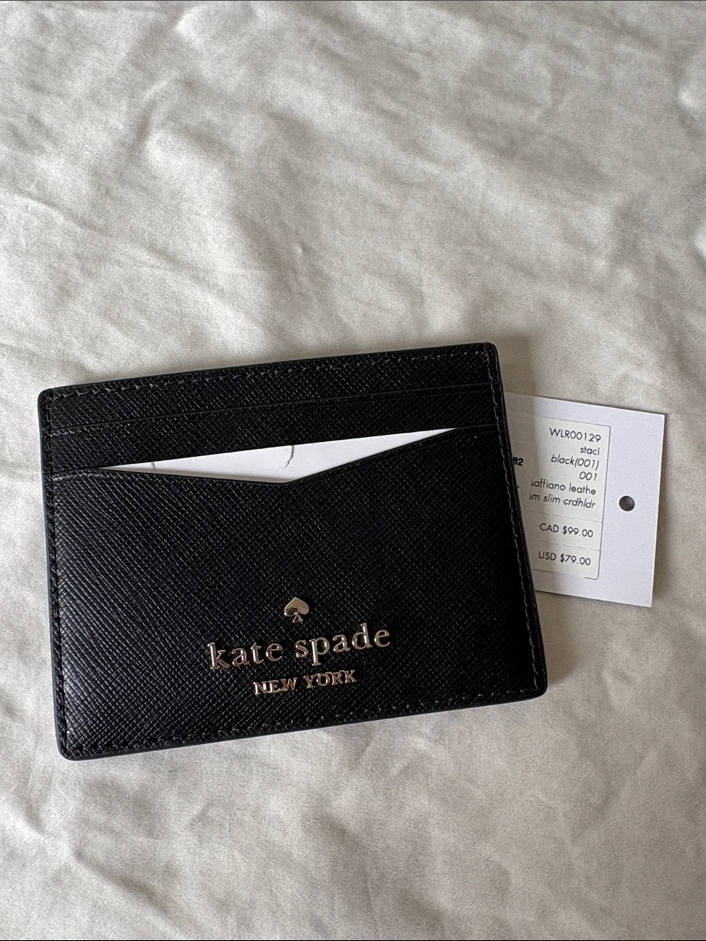 NWT Kate Spade Black Leather Card Case with Gold Logo